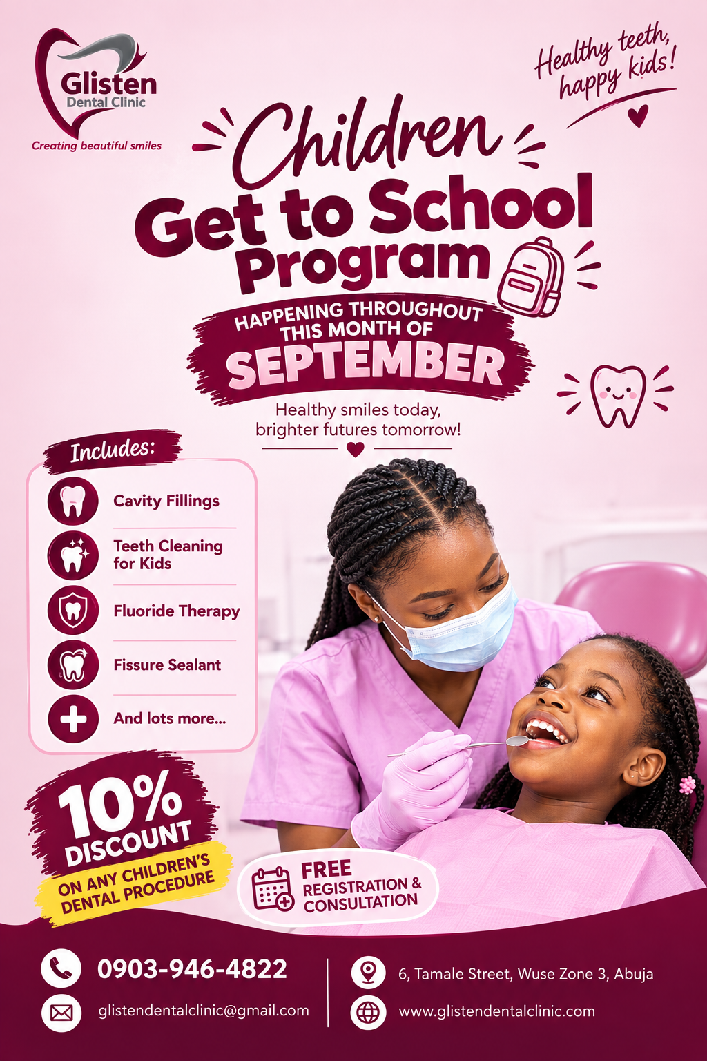 Children Get to School Program at Glisten Dental Clinic Abuja throughout September 2026